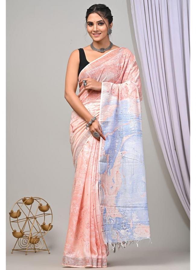 Cotton  Peach Daily Wear Printed Saree